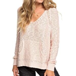 ROXY Open Knit Sweater Size Small Soft Pink Boho Beachy Casual V Neck Hood